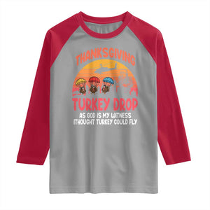 Retro Thanksgiving Turkey Drop Raglan Shirt Parachuting Turkeys Funny 70s Parody TS02 Sport Gray Red Print Your Wear