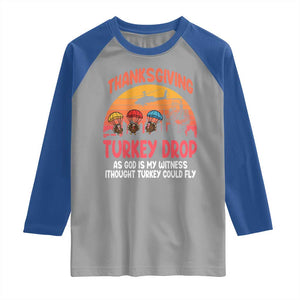 Retro Thanksgiving Turkey Drop Raglan Shirt Parachuting Turkeys Funny 70s Parody TS02 Sport Gray Royal Print Your Wear