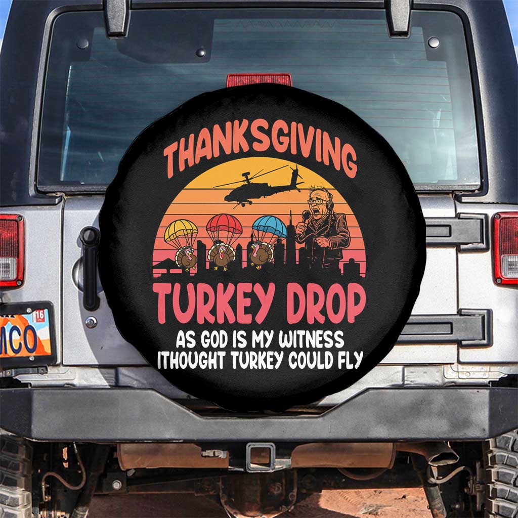 Retro Thanksgiving Turkey Drop Spare Tire Cover Parachuting Turkeys Funny 70s Parody TS02 No hole Black Print Your Wear