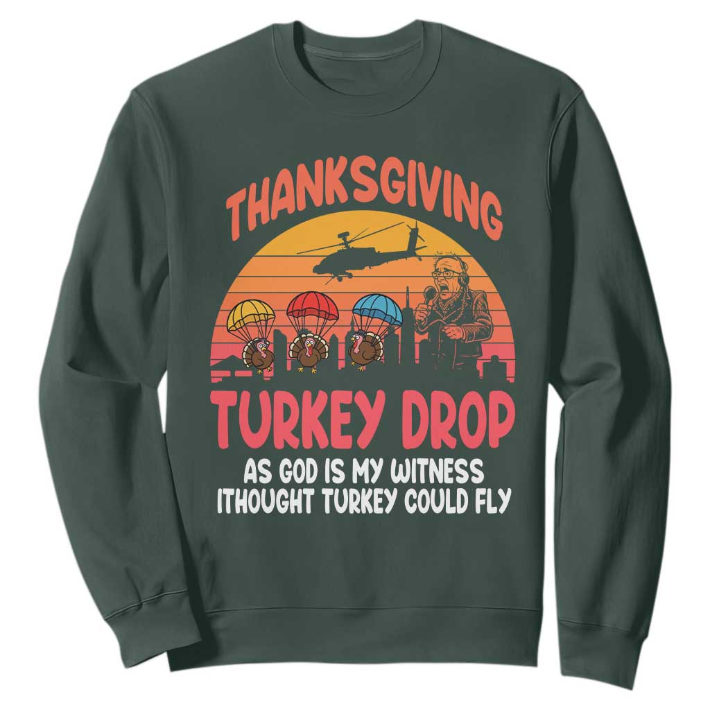 Retro Thanksgiving Turkey Drop Sweatshirt Parachuting Turkeys Funny 70s Parody TS02 Dark Forest Green Print Your Wear