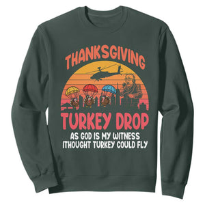 Retro Thanksgiving Turkey Drop Sweatshirt Parachuting Turkeys Funny 70s Parody TS02 Dark Forest Green Print Your Wear