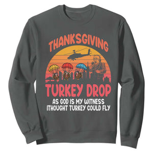Retro Thanksgiving Turkey Drop Sweatshirt Parachuting Turkeys Funny 70s Parody TS02 Dark Heather Print Your Wear