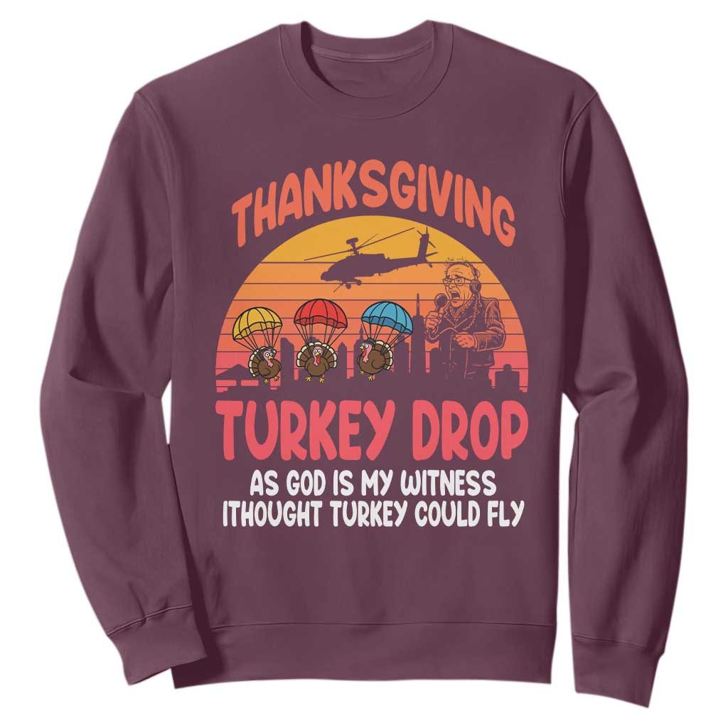 Retro Thanksgiving Turkey Drop Sweatshirt Parachuting Turkeys Funny 70s Parody TS02 Maroon Print Your Wear