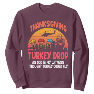 Retro Thanksgiving Turkey Drop Sweatshirt Parachuting Turkeys Funny 70s Parody TS02 Maroon Print Your Wear