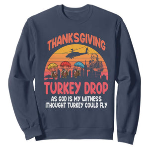 Retro Thanksgiving Turkey Drop Sweatshirt Parachuting Turkeys Funny 70s Parody TS02 Navy Print Your Wear