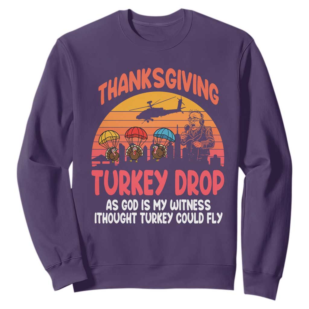 Retro Thanksgiving Turkey Drop Sweatshirt Parachuting Turkeys Funny 70s Parody TS02 Purple Print Your Wear