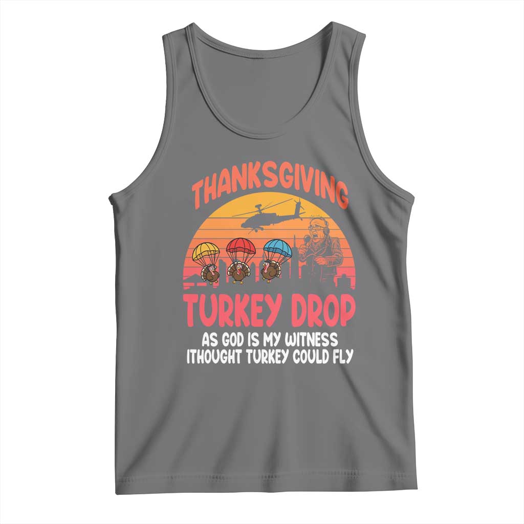 Retro Thanksgiving Turkey Drop Tank Top Parachuting Turkeys Funny 70s Parody TS02 Black Heather Print Your Wear
