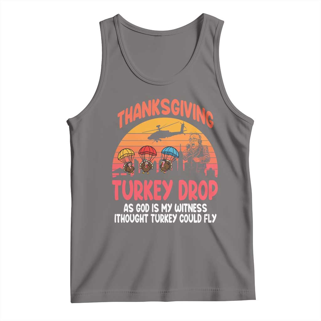 Retro Thanksgiving Turkey Drop Tank Top Parachuting Turkeys Funny 70s Parody TS02 Deep Heather Print Your Wear