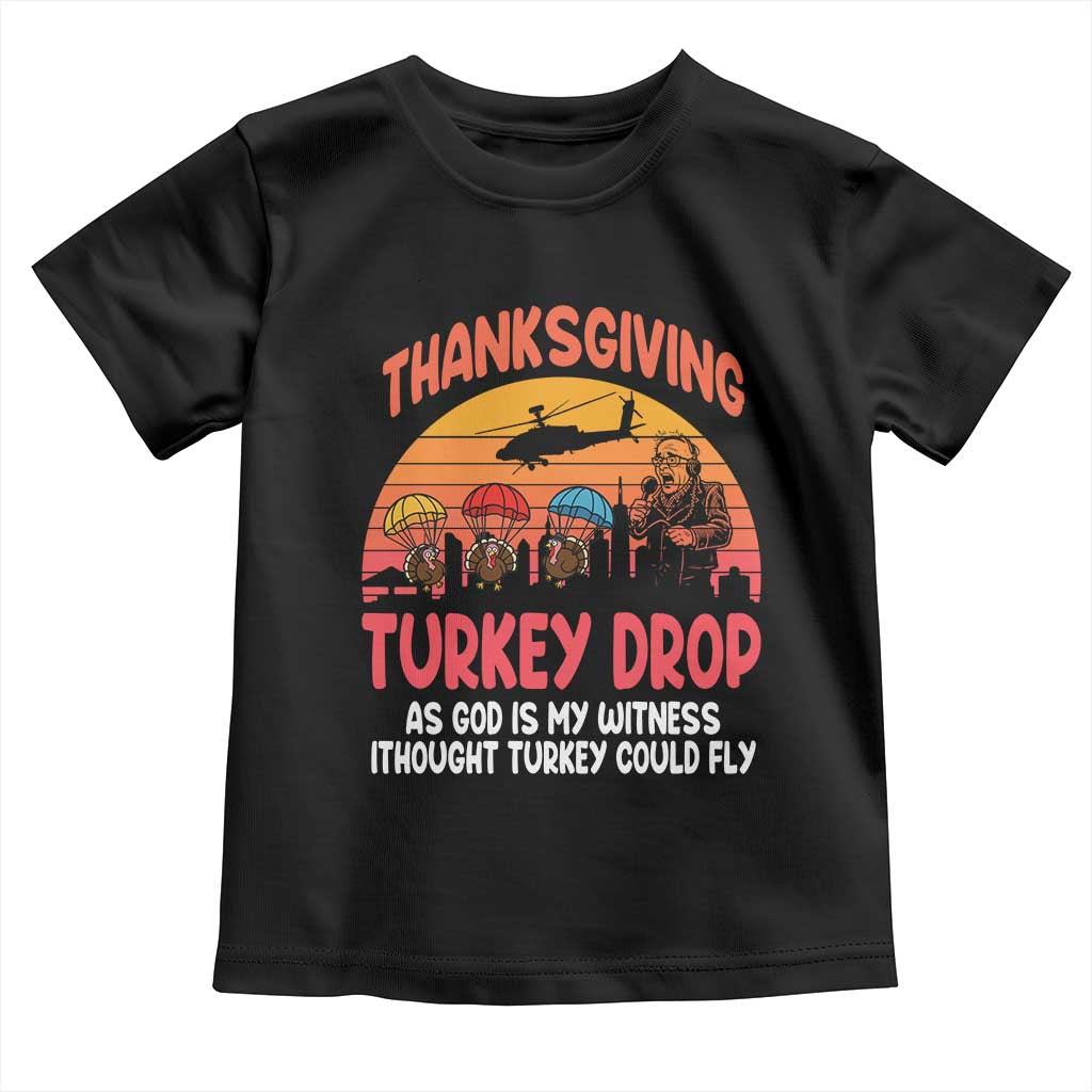 Retro Thanksgiving Turkey Drop Toddler T Shirt Parachuting Turkeys Funny 70s Parody TS02 Black Print Your Wear