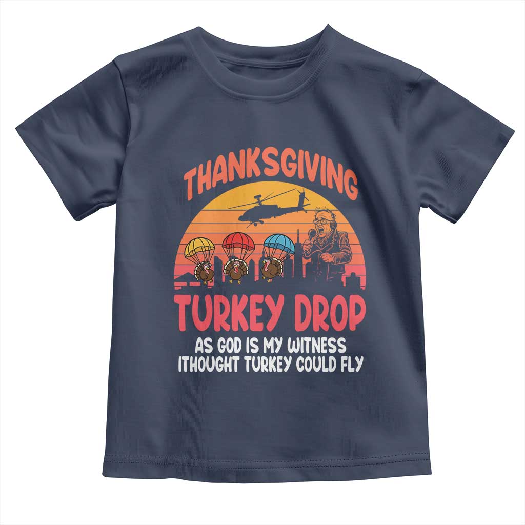 Retro Thanksgiving Turkey Drop Toddler T Shirt Parachuting Turkeys Funny 70s Parody TS02 Navy Print Your Wear