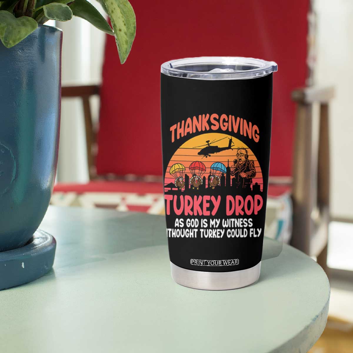 Retro Thanksgiving Turkey Drop Tumbler Cup Parachuting Turkeys Funny 70s Parody TS02 Print Your Wear