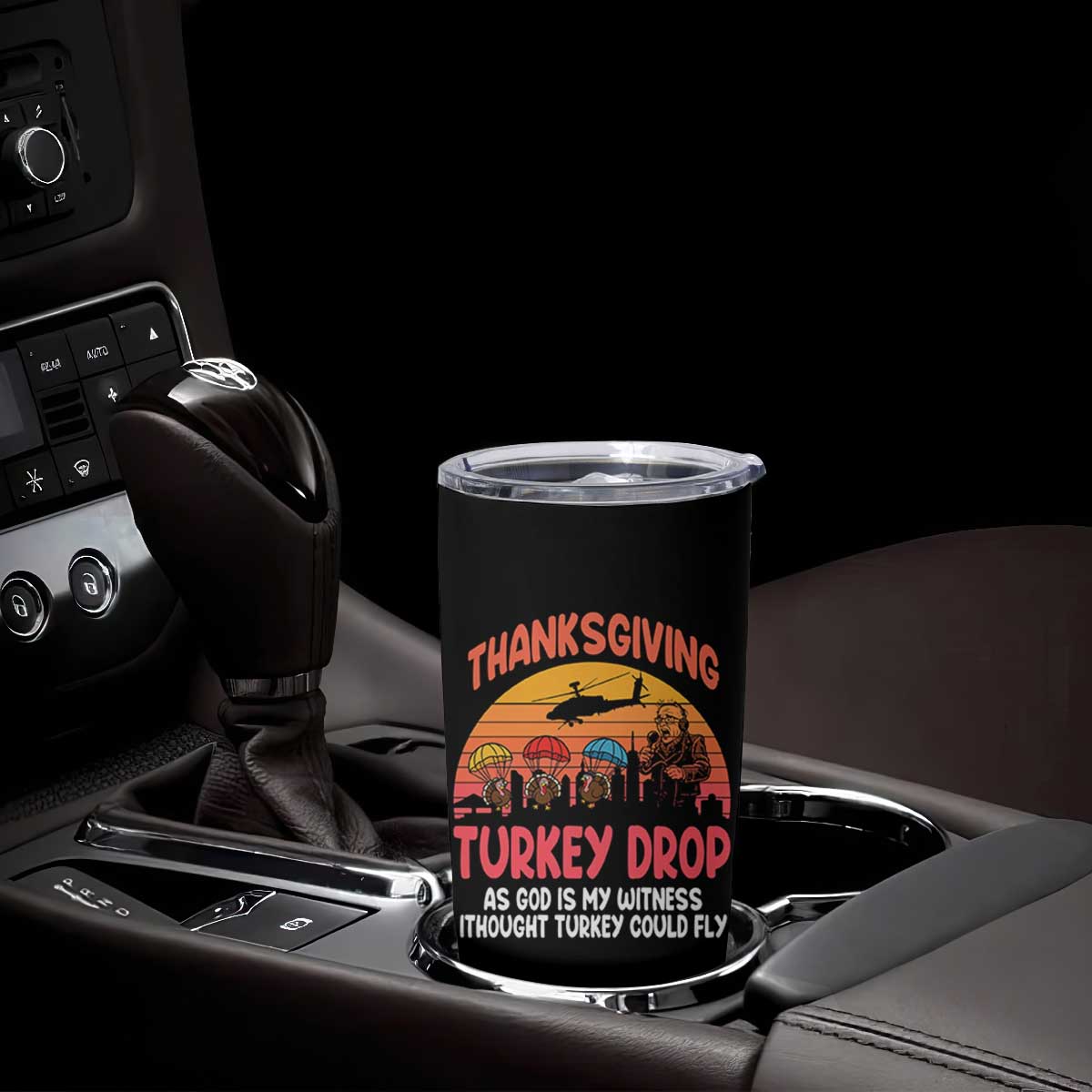 Retro Thanksgiving Turkey Drop Tumbler Cup Parachuting Turkeys Funny 70s Parody TS02 Print Your Wear