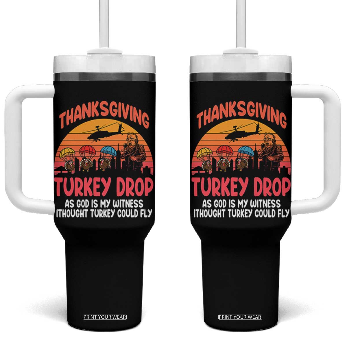 Retro Thanksgiving Turkey Drop Tumbler With Handle Parachuting Turkeys Funny 70s Parody TS02 One Size: 40 oz Black Print Your Wear