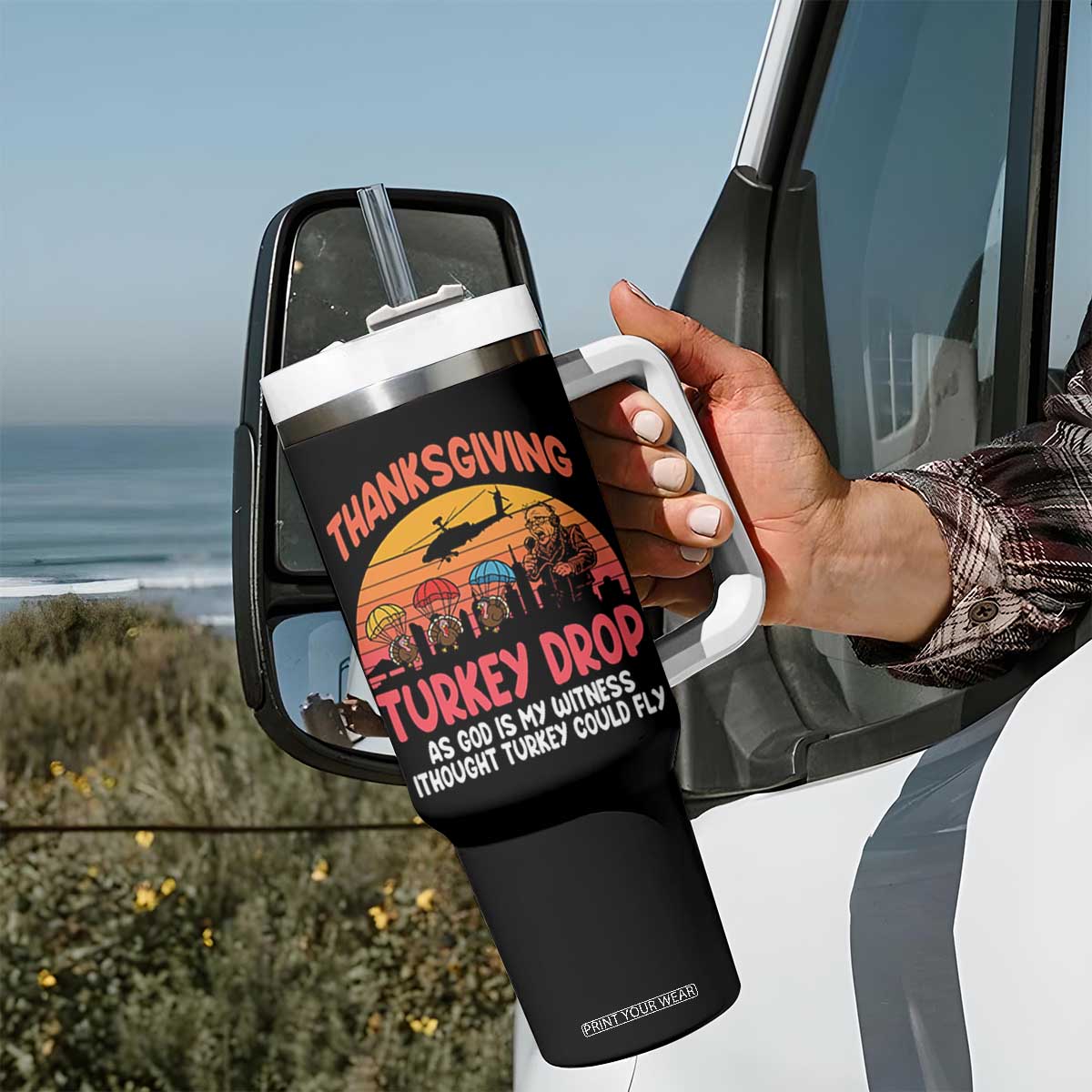 Retro Thanksgiving Turkey Drop Tumbler With Handle Parachuting Turkeys Funny 70s Parody TS02 Print Your Wear