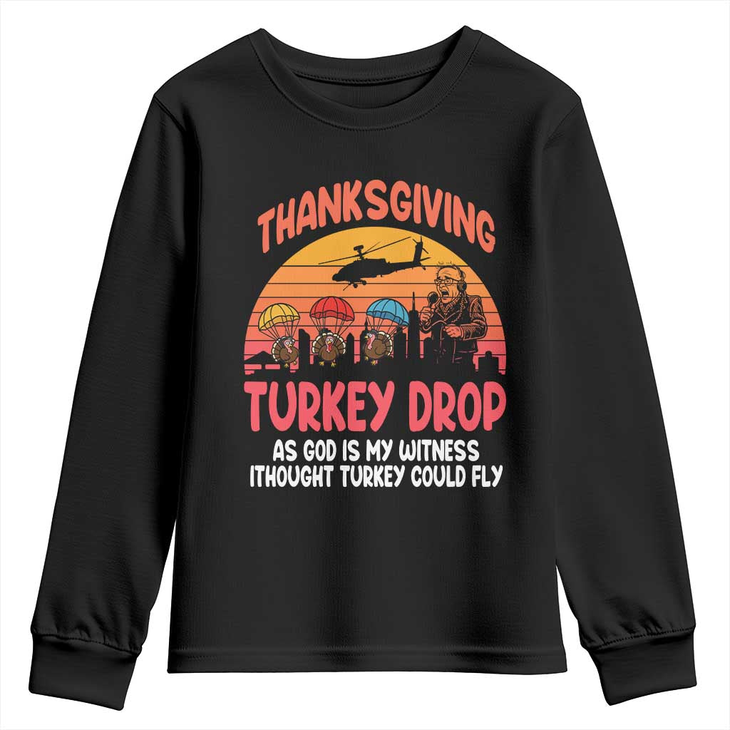 Retro Thanksgiving Turkey Drop Youth Sweatshirt Parachuting Turkeys Funny 70s Parody TS02 Black Print Your Wear