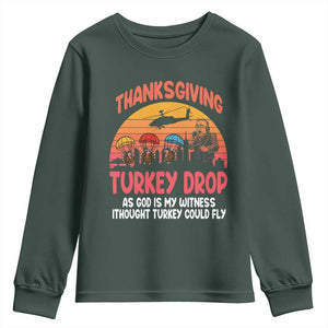 Retro Thanksgiving Turkey Drop Youth Sweatshirt Parachuting Turkeys Funny 70s Parody TS02 Dark Forest Green Print Your Wear