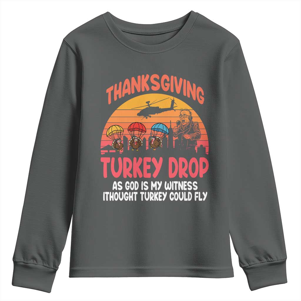 Retro Thanksgiving Turkey Drop Youth Sweatshirt Parachuting Turkeys Funny 70s Parody TS02 Dark Heather Print Your Wear