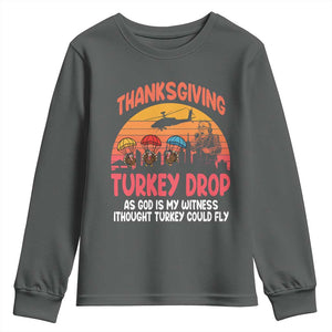 Retro Thanksgiving Turkey Drop Youth Sweatshirt Parachuting Turkeys Funny 70s Parody TS02 Dark Heather Print Your Wear
