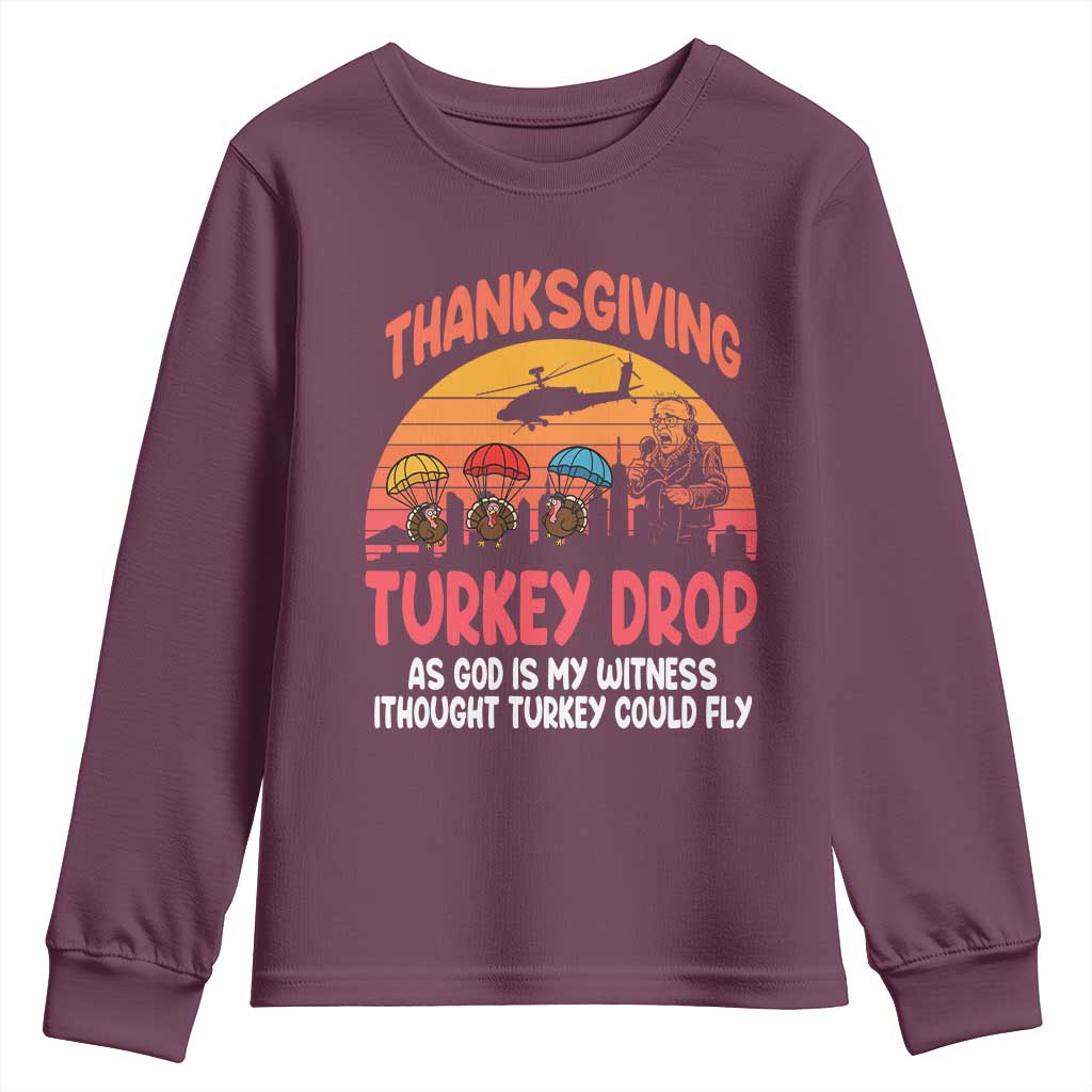 Retro Thanksgiving Turkey Drop Youth Sweatshirt Parachuting Turkeys Funny 70s Parody TS02 Maroon Print Your Wear