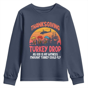 Retro Thanksgiving Turkey Drop Youth Sweatshirt Parachuting Turkeys Funny 70s Parody TS02 Navy Print Your Wear