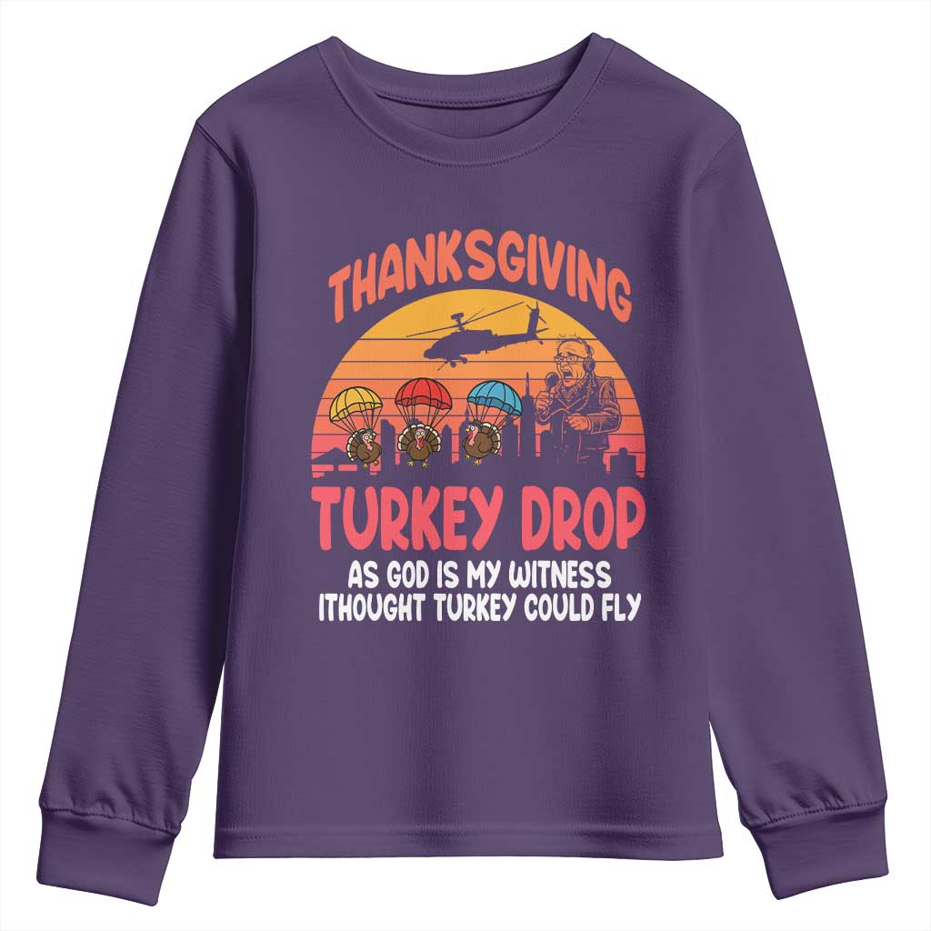 Retro Thanksgiving Turkey Drop Youth Sweatshirt Parachuting Turkeys Funny 70s Parody TS02 Purple Print Your Wear