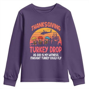 Retro Thanksgiving Turkey Drop Youth Sweatshirt Parachuting Turkeys Funny 70s Parody TS02 Purple Print Your Wear