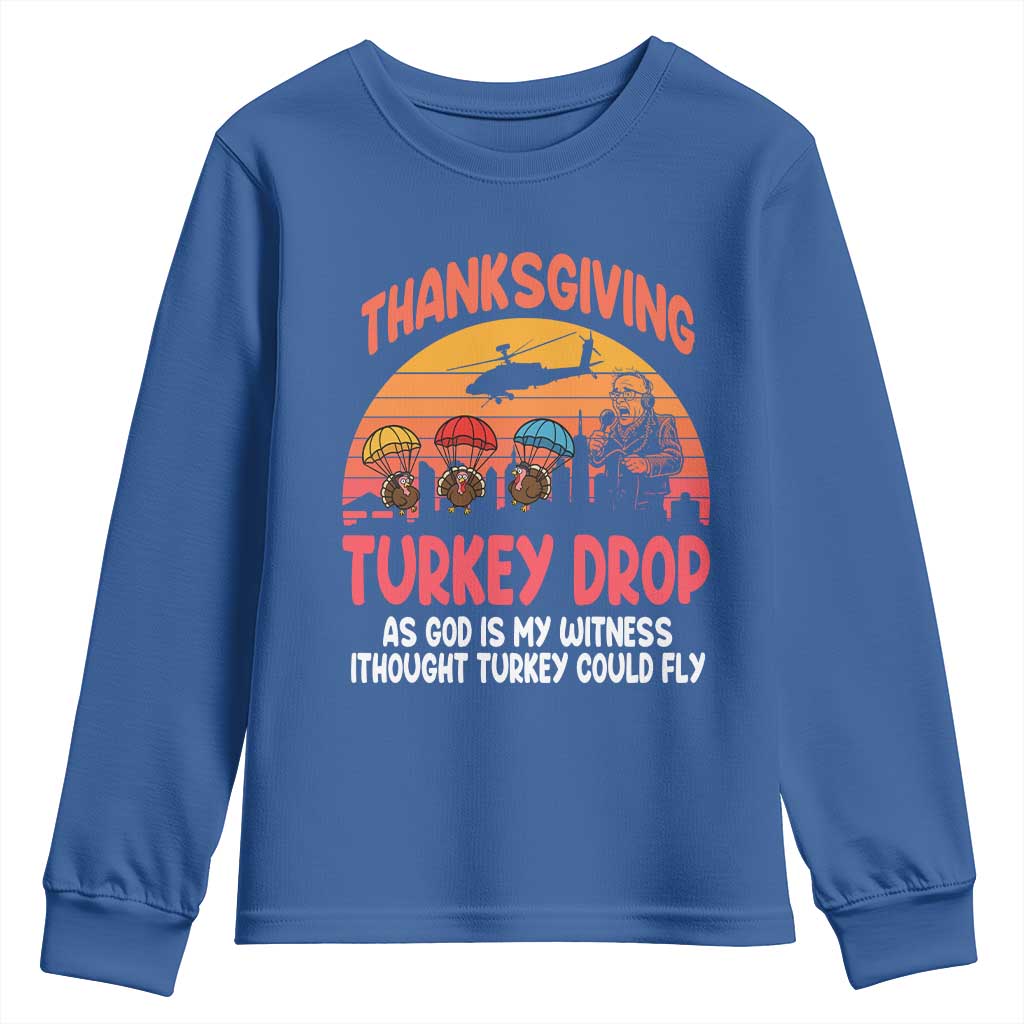 Retro Thanksgiving Turkey Drop Youth Sweatshirt Parachuting Turkeys Funny 70s Parody TS02 Royal Blue Print Your Wear