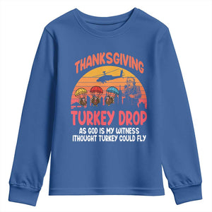 Retro Thanksgiving Turkey Drop Youth Sweatshirt Parachuting Turkeys Funny 70s Parody TS02 Royal Blue Print Your Wear