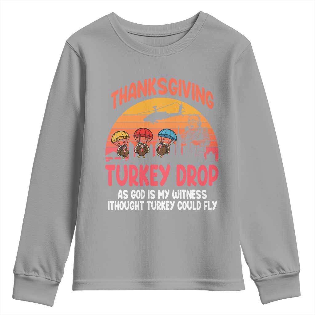 Retro Thanksgiving Turkey Drop Youth Sweatshirt Parachuting Turkeys Funny 70s Parody TS02 Sport Gray Print Your Wear