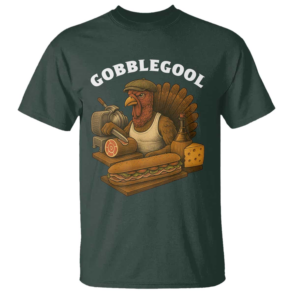 Gobblegool Funny Thanksgiving T Shirt Italian Turkey Deli Humor Sub Sandwich TS02 Dark Forest Green Print Your Wear