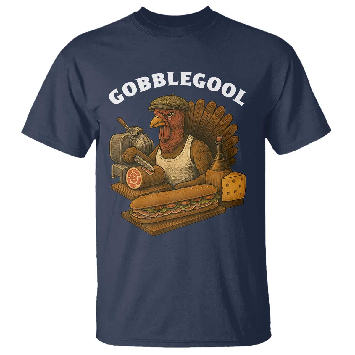 Gobblegool Funny Thanksgiving T Shirt Italian Turkey Deli Humor Sub Sandwich TS02 Navy Print Your Wear