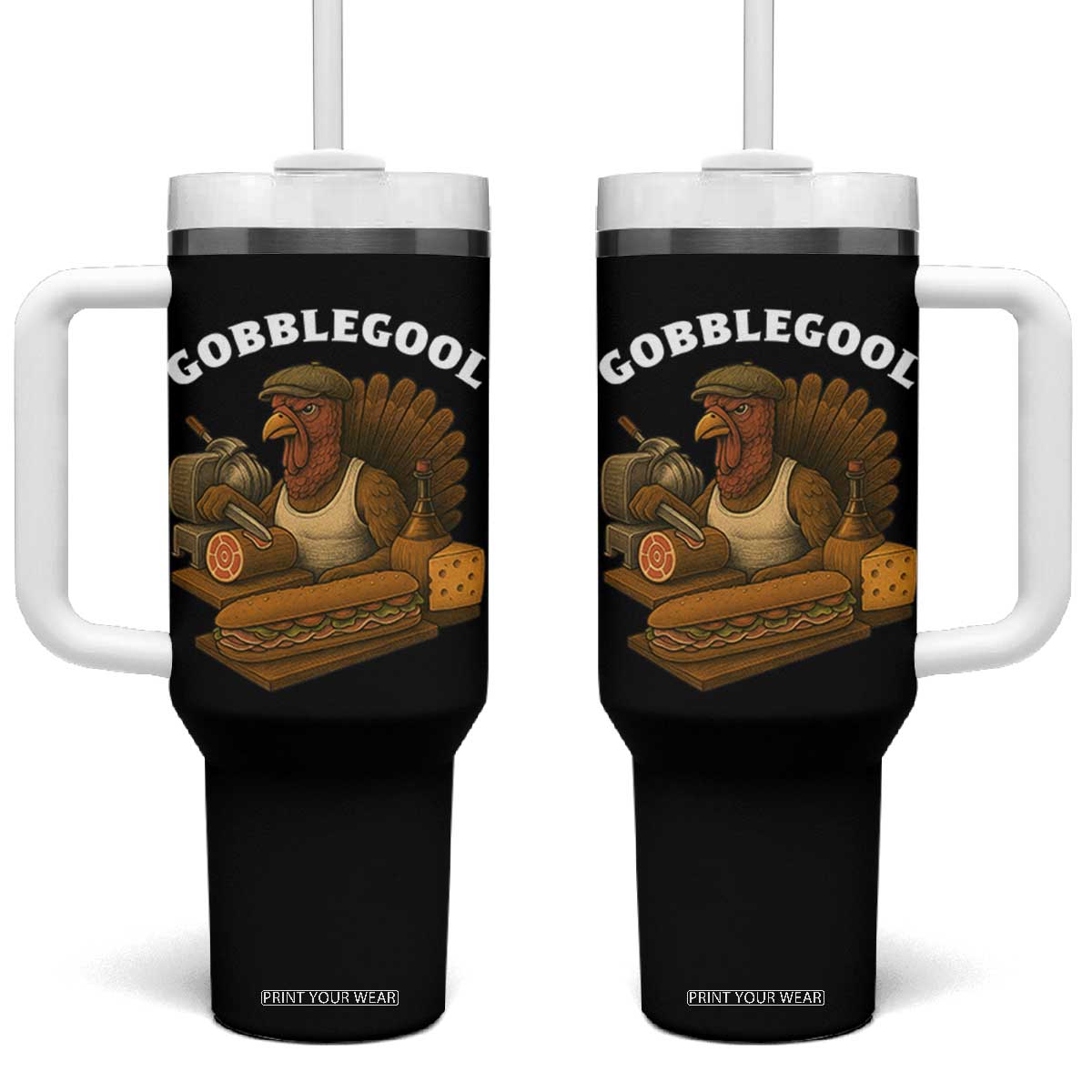 Gobblegool Funny Thanksgiving Tumbler With Handle Italian Turkey Deli Humor Sub Sandwich TS02 One Size: 40 oz Black Print Your Wear