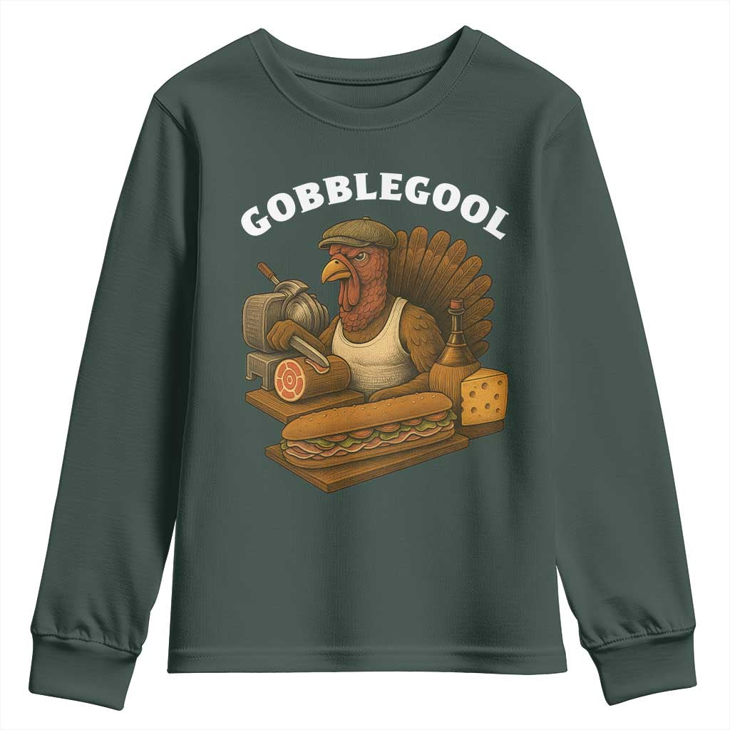 Gobblegool Funny Thanksgiving Youth Sweatshirt Italian Turkey Deli Humor Sub Sandwich TS02 Dark Forest Green Print Your Wear