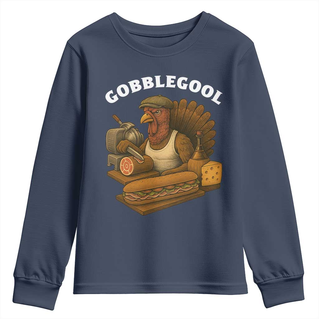 Gobblegool Funny Thanksgiving Youth Sweatshirt Italian Turkey Deli Humor Sub Sandwich TS02 Navy Print Your Wear