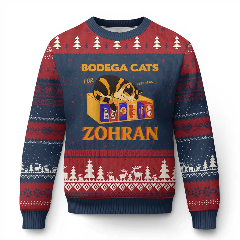 Bodega Cats for Zohran Ugly Christmas Sweater New York Mamdani Supporter Mayor Cute Cat TS02 Navy Red Print Your Wear