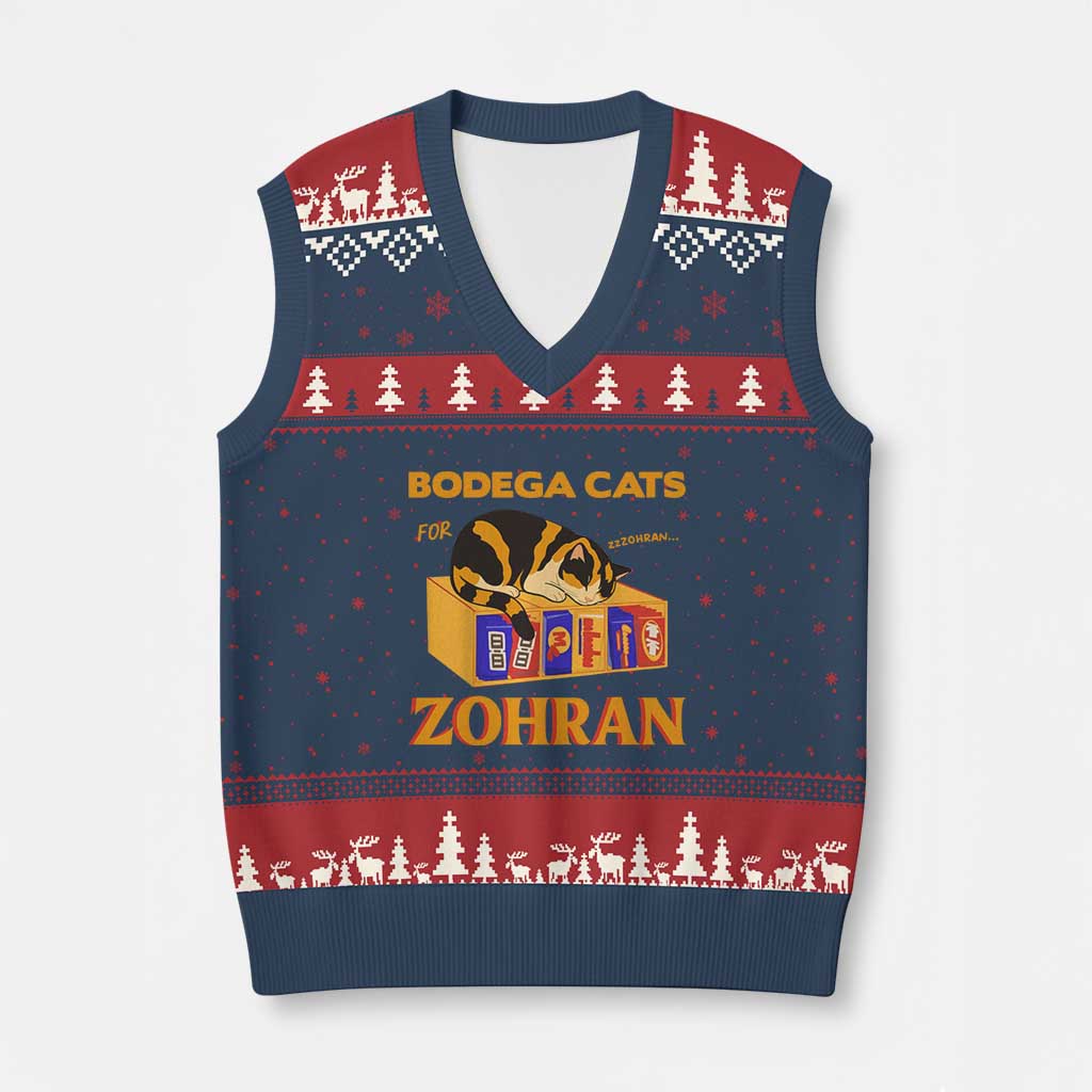 Bodega Cats for Zohran V-Neck Knit Sweater Vest New York Mamdani Supporter Mayor Cute Cat TS02 Navy Red Print Your Wear