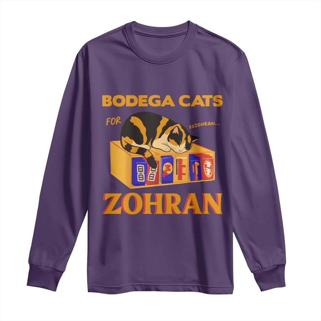 Bodega Cats for Zohran Long Sleeve Shirt New York Mamdani Supporter Mayor Cute Cat TS02 Purple Print Your Wear