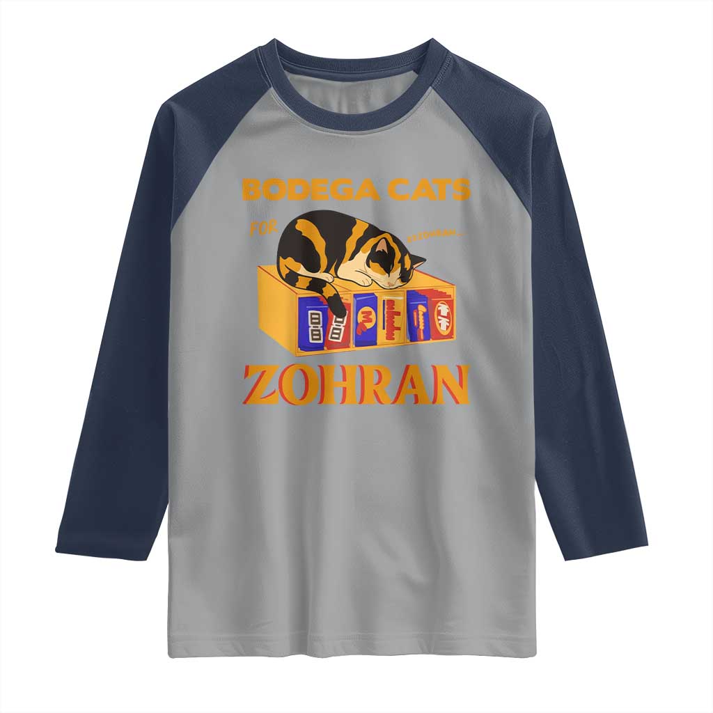 Bodega Cats for Zohran Raglan Shirt New York Mamdani Supporter Mayor Cute Cat TS02 Sport Gray Navy Print Your Wear