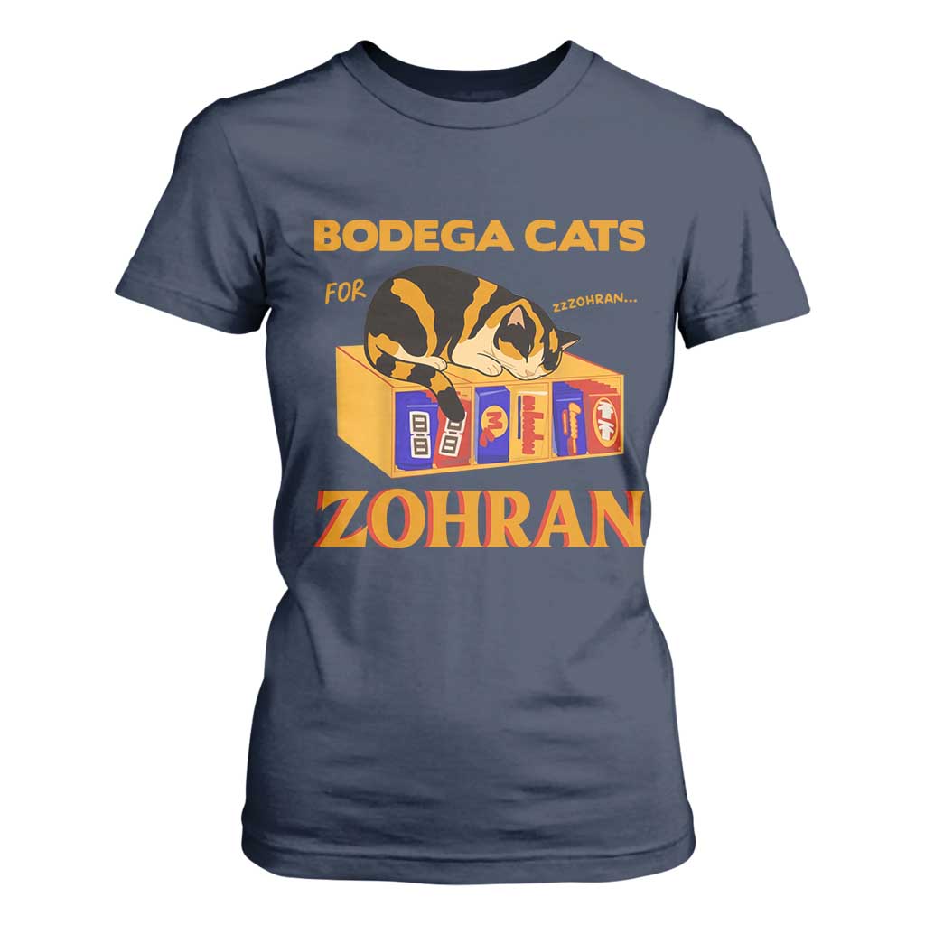 Bodega Cats for Zohran T Shirt For Women New York Mamdani Supporter Mayor Cute Cat TS02 Navy Print Your Wear