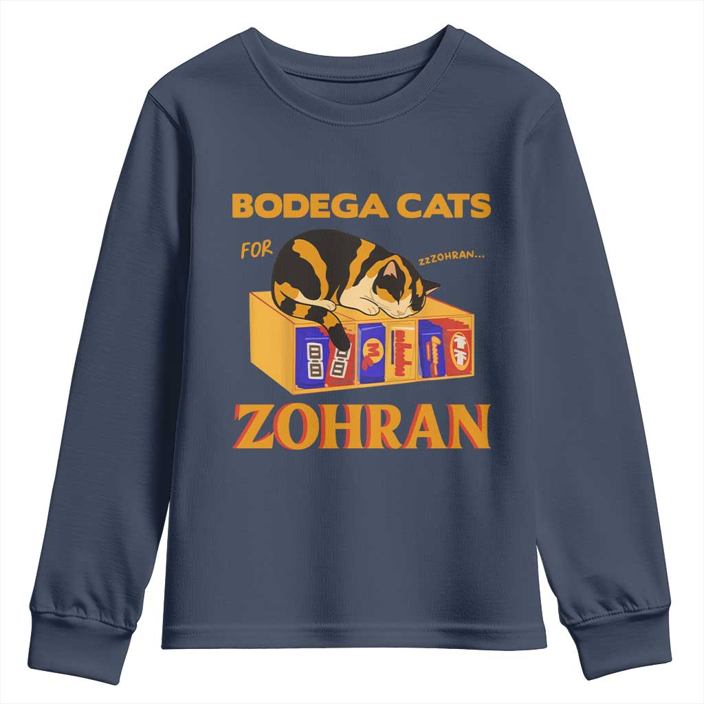 Bodega Cats for Zohran Youth Sweatshirt New York Mamdani Supporter Mayor Cute Cat TS02 Navy Print Your Wear