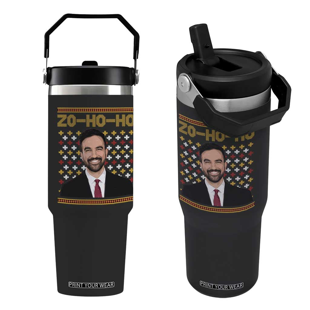 Zo Ho Ho Ugly Christmas Sweater Flip Straw Tumbler Funny Zohran Mamdani Holiday TS02 One Size: 30 oz Black Print Your Wear