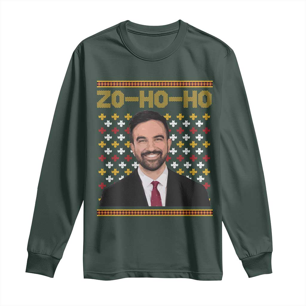 Zo Ho Ho Ugly Christmas Sweater Long Sleeve Shirt Funny Zohran Mamdani Holiday TS02 Dark Forest Green Print Your Wear