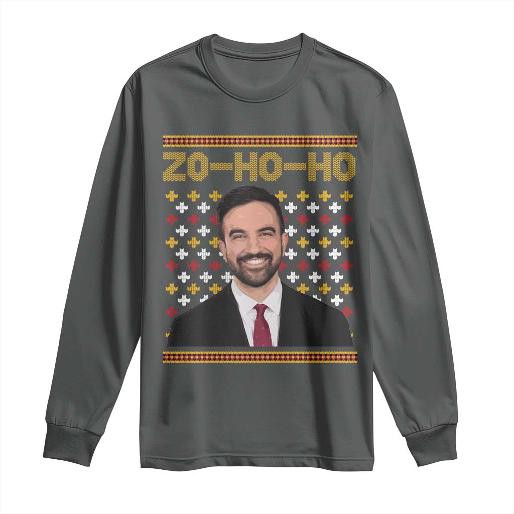 Zo Ho Ho Ugly Christmas Sweater Long Sleeve Shirt Funny Zohran Mamdani Holiday TS02 Dark Heather Print Your Wear