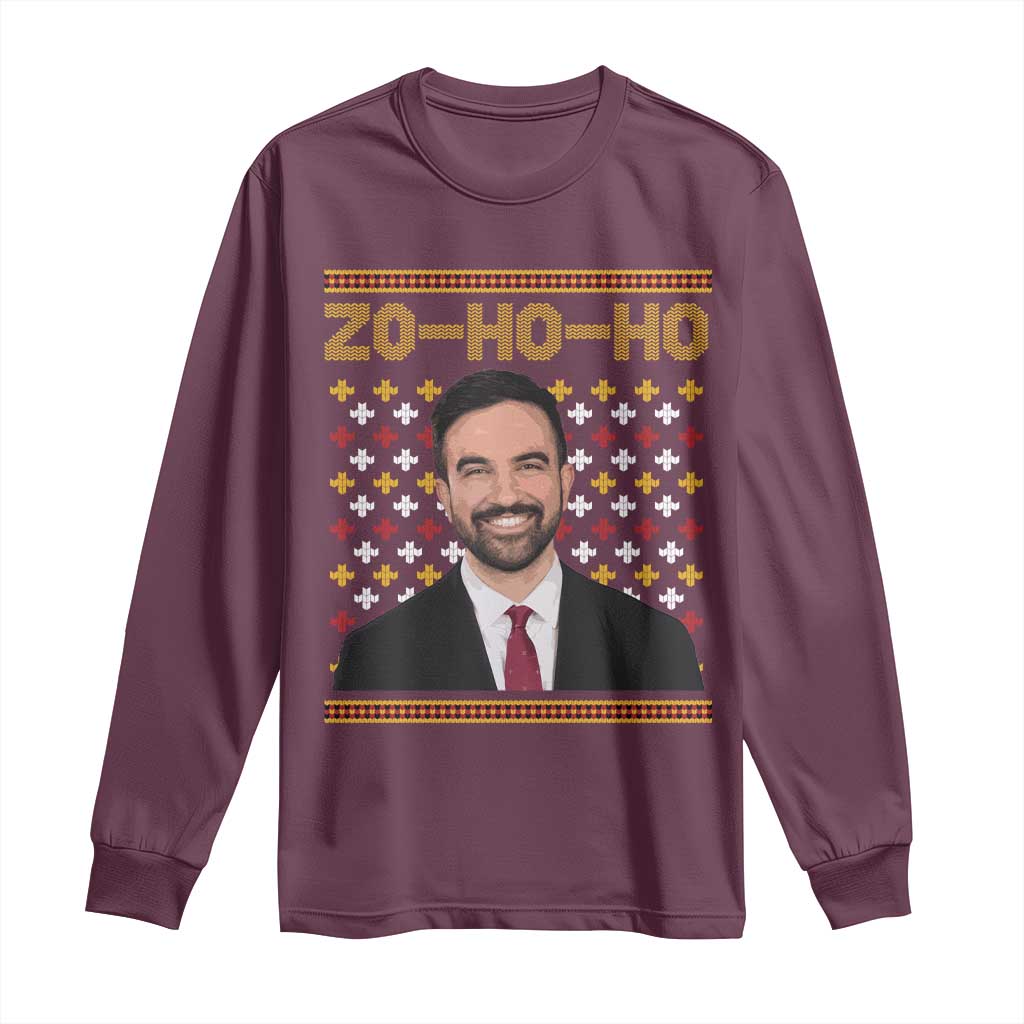 Zo Ho Ho Ugly Christmas Sweater Long Sleeve Shirt Funny Zohran Mamdani Holiday TS02 Maroon Print Your Wear