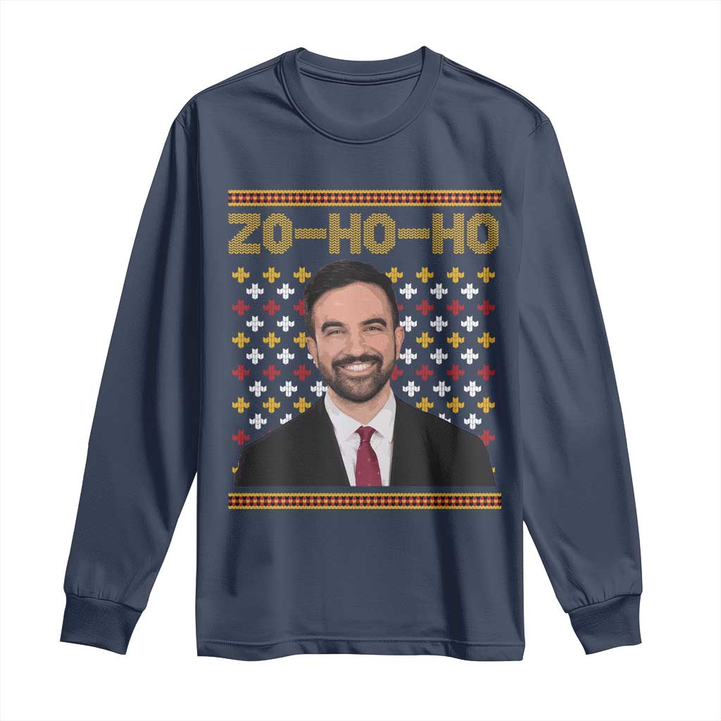 Zo Ho Ho Ugly Christmas Sweater Long Sleeve Shirt Funny Zohran Mamdani Holiday TS02 Navy Print Your Wear