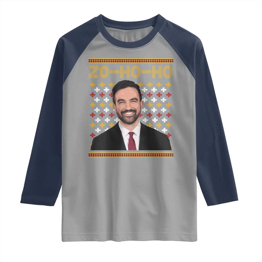Zo Ho Ho Ugly Christmas Sweater Raglan Shirt Funny Zohran Mamdani Holiday TS02 Sport Gray Navy Print Your Wear