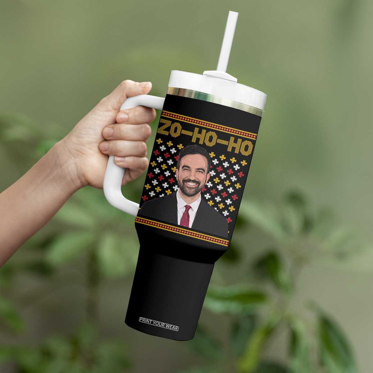 Zo Ho Ho Ugly Christmas Sweater Tumbler With Handle Funny Zohran Mamdani Holiday TS02 Print Your Wear