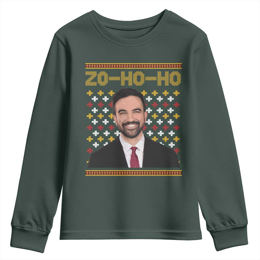 Zo Ho Ho Ugly Christmas Sweater Youth Sweatshirt Funny Zohran Mamdani Holiday TS02 Dark Forest Green Print Your Wear