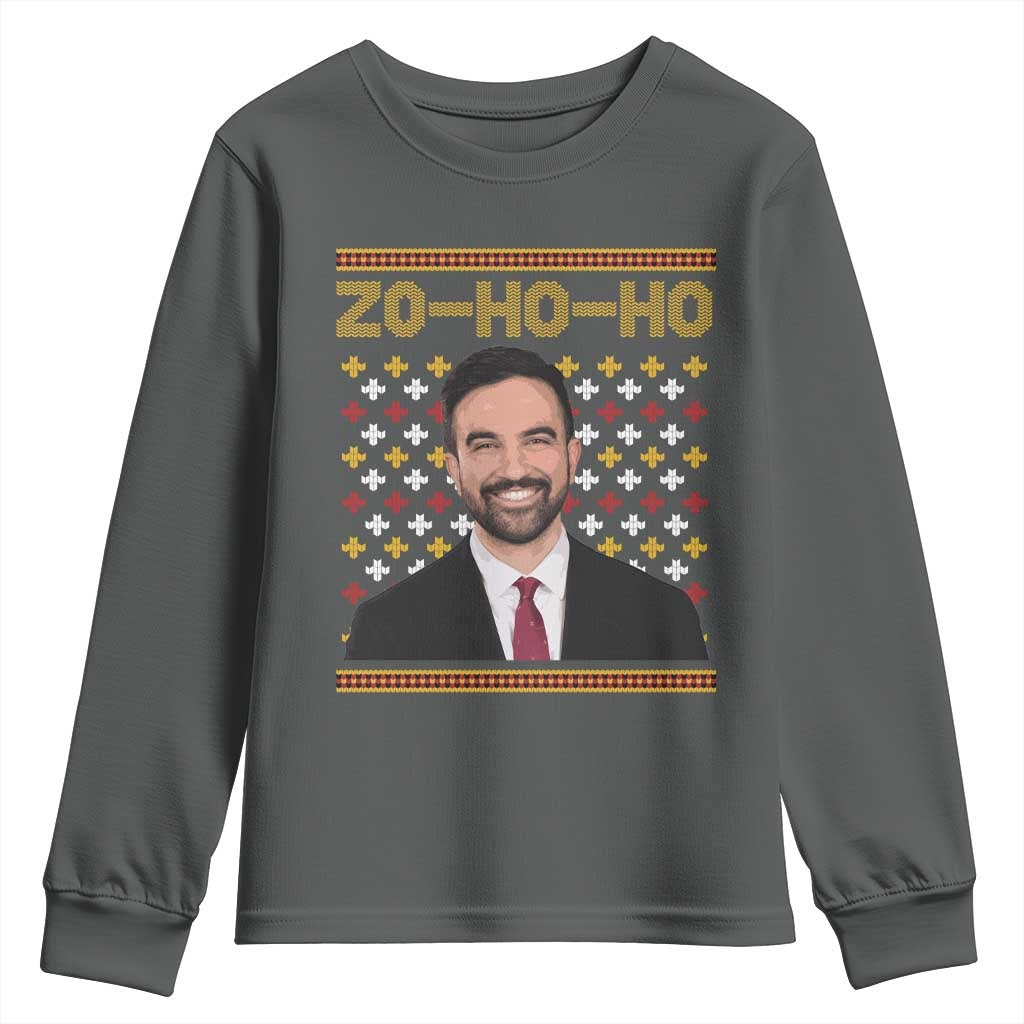 Zo Ho Ho Ugly Christmas Sweater Youth Sweatshirt Funny Zohran Mamdani Holiday TS02 Dark Heather Print Your Wear