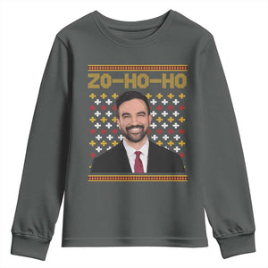 Zo Ho Ho Ugly Christmas Sweater Youth Sweatshirt Funny Zohran Mamdani Holiday TS02 Dark Heather Print Your Wear